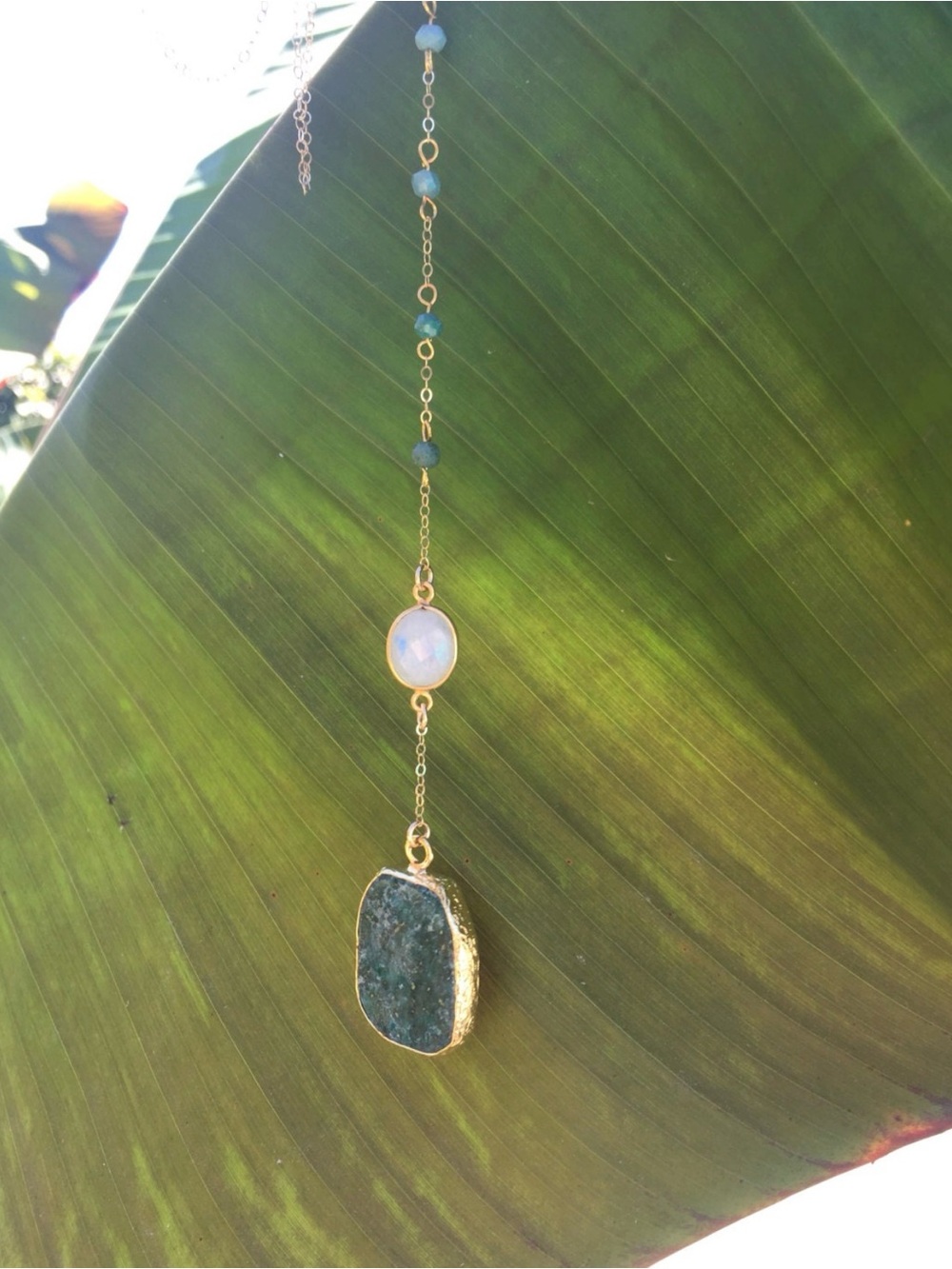 Gold Plated Green Chrysocola and Moonstone Stone  Y Necklace